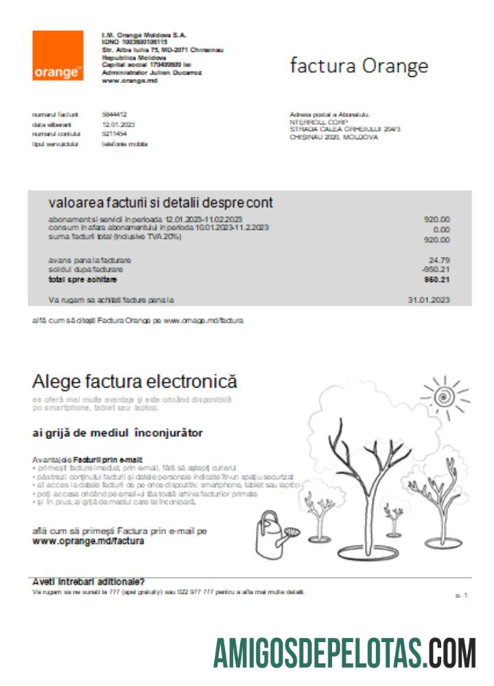 Moldávia Orange Factura Utility Business Bill, SCR baixar para verificação